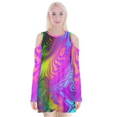 Psychedelic Swirl Trippy Abstract Art Velvet Long Sleeve Shoulder Cutout Dress by SpinnyChairDesigns