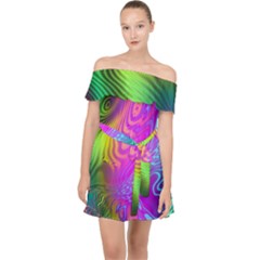 Psychedelic Swirl Trippy Abstract Art Off Shoulder Chiffon Dress by SpinnyChairDesigns