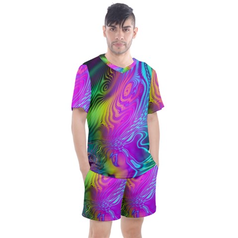 Psychedelic Swirl Trippy Abstract Art Men s Mesh Tee And Shorts Set by SpinnyChairDesigns