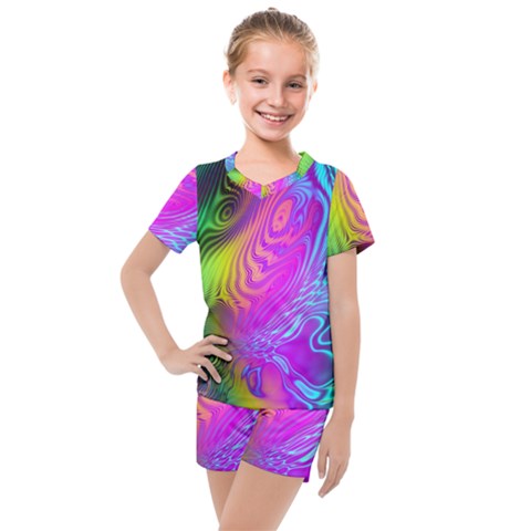 Psychedelic Swirl Trippy Abstract Art Kids  Mesh Tee And Shorts Set by SpinnyChairDesigns