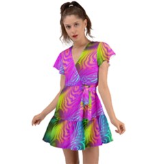 Psychedelic Swirl Trippy Abstract Art Flutter Sleeve Wrap Dress by SpinnyChairDesigns