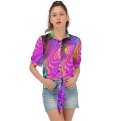 Psychedelic Swirl Trippy Abstract Art Tie Front Shirt  by SpinnyChairDesigns