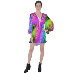 Psychedelic Swirl Trippy Abstract Art V-neck Flare Sleeve Mini Dress by SpinnyChairDesigns