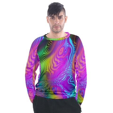 Psychedelic Swirl Trippy Abstract Art Men s Long Sleeve Raglan Tee by SpinnyChairDesigns