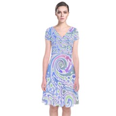 Colorful Pastel Floral Swirl Watercolor Pattern Short Sleeve Front Wrap Dress