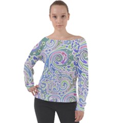 Colorful Pastel Floral Swirl Watercolor Pattern Off Shoulder Long Sleeve Velour Top