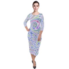 Colorful Pastel Floral Swirl Watercolor Pattern Quarter Sleeve Midi Velour Bodycon Dress by SpinnyChairDesigns