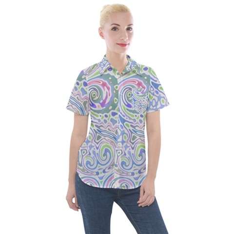 Colorful Pastel Floral Swirl Watercolor Pattern Women s Short Sleeve Pocket Shirt by SpinnyChairDesigns