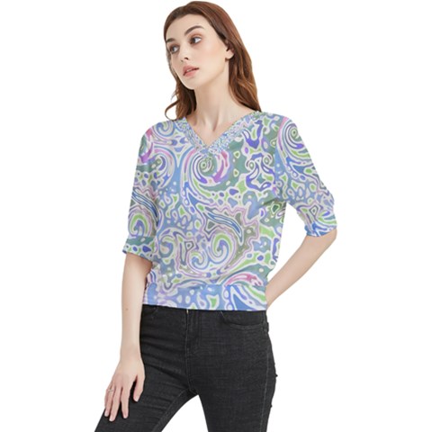 Colorful Pastel Floral Swirl Watercolor Pattern Quarter Sleeve Blouse by SpinnyChairDesigns