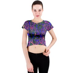 Purple Abstract Butterfly Pattern Crew Neck Crop Top by SpinnyChairDesigns