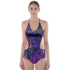 Purple Abstract Butterfly Pattern Cut-out One Piece Swimsuit by SpinnyChairDesigns