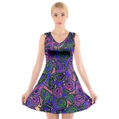 Purple Abstract Butterfly Pattern V-neck Sleeveless Dress by SpinnyChairDesigns