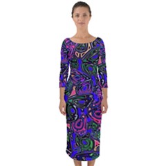 Purple Abstract Butterfly Pattern Quarter Sleeve Midi Bodycon Dress by SpinnyChairDesigns