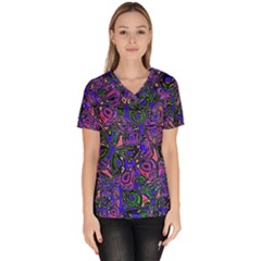 Purple Abstract Butterfly Pattern Women s V-neck Scrub Top by SpinnyChairDesigns