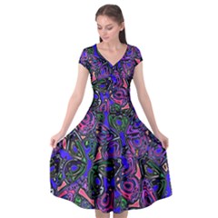 Purple Abstract Butterfly Pattern Cap Sleeve Wrap Front Dress by SpinnyChairDesigns