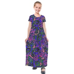 Purple Abstract Butterfly Pattern Kids  Short Sleeve Maxi Dress by SpinnyChairDesigns