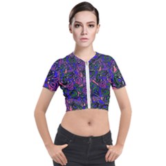 Purple Abstract Butterfly Pattern Short Sleeve Cropped Jacket by SpinnyChairDesigns