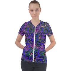 Purple Abstract Butterfly Pattern Short Sleeve Zip Up Jacket by SpinnyChairDesigns