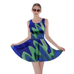 Blue Green Zig Zag Waves Pattern Skater Dress by SpinnyChairDesigns