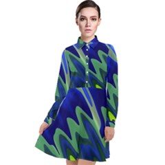 Blue Green Zig Zag Waves Pattern Long Sleeve Chiffon Shirt Dress by SpinnyChairDesigns