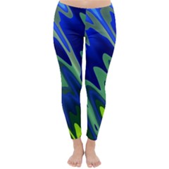 Blue Green Zig Zag Waves Pattern Classic Winter Leggings by SpinnyChairDesigns