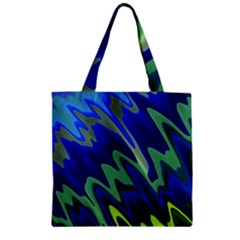 Blue Green Zig Zag Waves Pattern Zipper Grocery Tote Bag by SpinnyChairDesigns