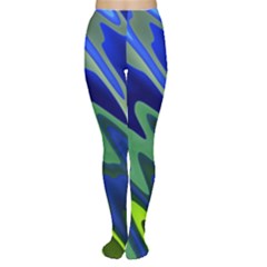 Blue Green Zig Zag Waves Pattern Tights by SpinnyChairDesigns