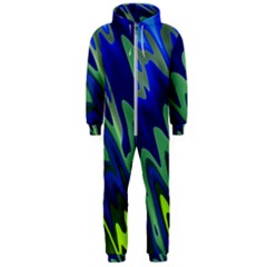 Blue Green Zig Zag Waves Pattern Hooded Jumpsuit (men)  by SpinnyChairDesigns