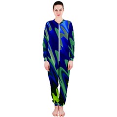 Blue Green Zig Zag Waves Pattern Onepiece Jumpsuit (ladies)  by SpinnyChairDesigns