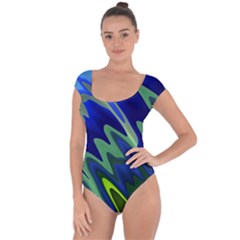 Blue Green Zig Zag Waves Pattern Short Sleeve Leotard  by SpinnyChairDesigns