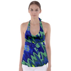 Blue Green Zig Zag Waves Pattern Babydoll Tankini Top by SpinnyChairDesigns