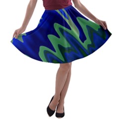 Blue Green Zig Zag Waves Pattern A-line Skater Skirt by SpinnyChairDesigns