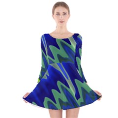 Blue Green Zig Zag Waves Pattern Long Sleeve Velvet Skater Dress by SpinnyChairDesigns