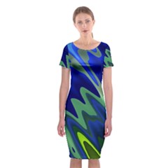 Blue Green Zig Zag Waves Pattern Classic Short Sleeve Midi Dress by SpinnyChairDesigns