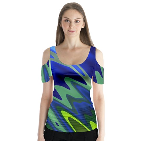 Blue Green Zig Zag Waves Pattern Butterfly Sleeve Cutout Tee  by SpinnyChairDesigns