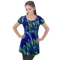 Blue Green Zig Zag Waves Pattern Puff Sleeve Tunic Top by SpinnyChairDesigns