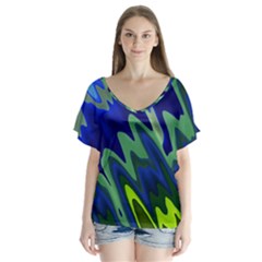 Blue Green Zig Zag Waves Pattern V-neck Flutter Sleeve Top by SpinnyChairDesigns