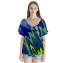 Blue Green Zig Zag Waves Pattern V-Neck Flutter Sleeve Top View1