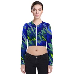 Blue Green Zig Zag Waves Pattern Long Sleeve Zip Up Bomber Jacket by SpinnyChairDesigns