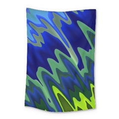 Blue Green Zig Zag Waves Pattern Small Tapestry by SpinnyChairDesigns