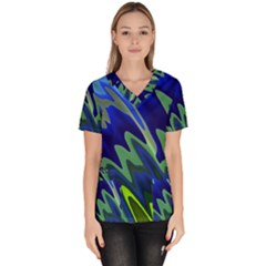 Blue Green Zig Zag Waves Pattern Women s V-neck Scrub Top by SpinnyChairDesigns