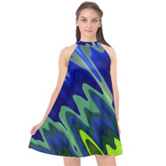 Blue Green Zig Zag Waves Pattern Halter Neckline Chiffon Dress  by SpinnyChairDesigns