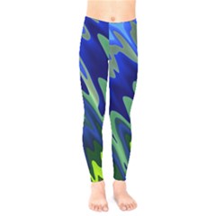 Blue Green Zig Zag Waves Pattern Kids  Leggings by SpinnyChairDesigns