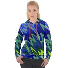 Blue Green Zig Zag Waves Pattern Women s Overhead Hoodie by SpinnyChairDesigns