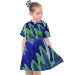 Blue Green Zig Zag Waves Pattern Kids  Sailor Dress by SpinnyChairDesigns