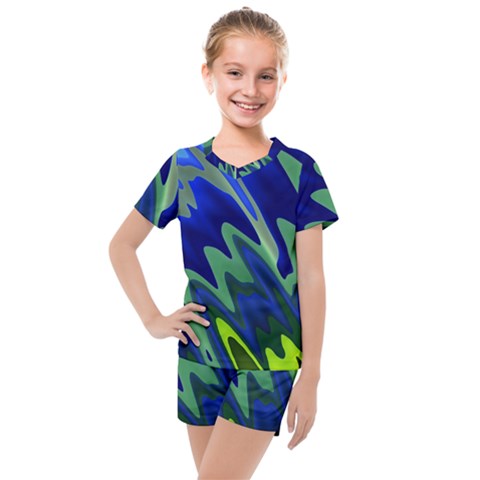 Blue Green Zig Zag Waves Pattern Kids  Mesh Tee And Shorts Set by SpinnyChairDesigns