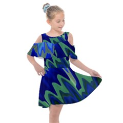 Blue Green Zig Zag Waves Pattern Kids  Shoulder Cutout Chiffon Dress by SpinnyChairDesigns