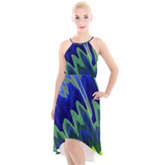 Blue Green Zig Zag Waves Pattern High-low Halter Chiffon Dress  by SpinnyChairDesigns