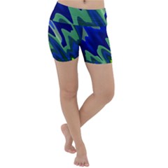 Blue Green Zig Zag Waves Pattern Lightweight Velour Yoga Shorts by SpinnyChairDesigns