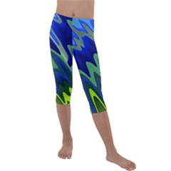 Blue Green Zig Zag Waves Pattern Kids  Lightweight Velour Capri Leggings  by SpinnyChairDesigns